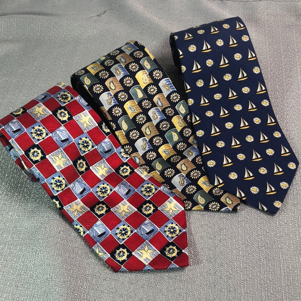 Lands End Sailboats and Daisies Silk Neck Tie Lot of 3 Long Nautical Whimsical